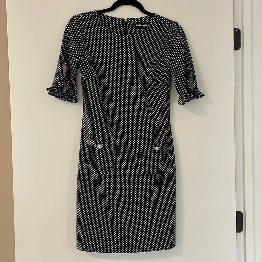 Karl Lagerfeld Black and White Polka Dot Fitted Midi Dress